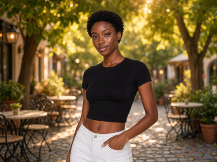 Popular 21 crew neck short sleeve cotton crop top, casual top with fitted style and breathable fabric, shown in a natural pose.