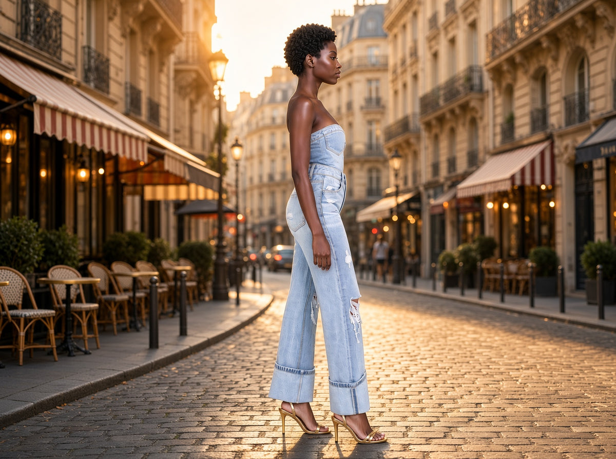A pair of Aapparella distressed straight leg flare jeans with ripped details and frayed hem, styled for casual wear.