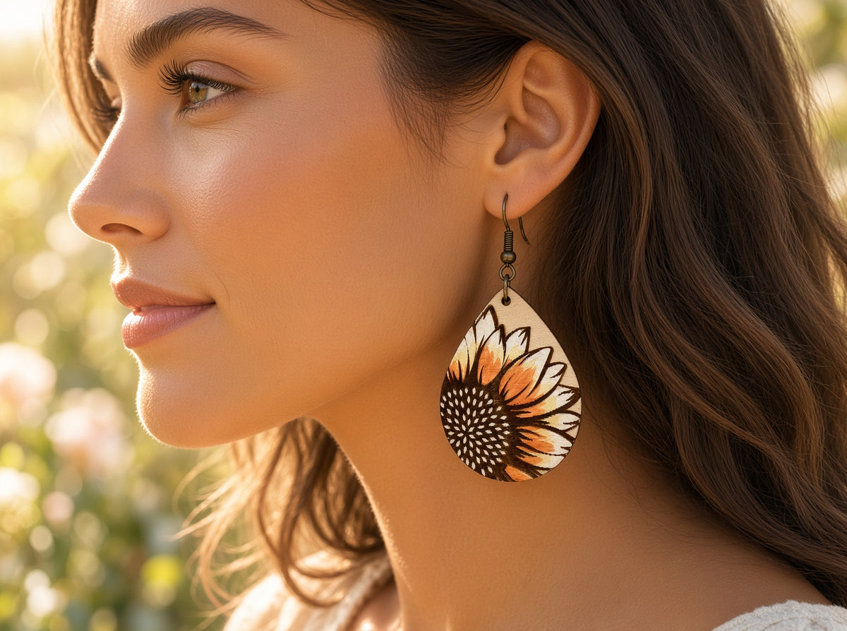 Seasideblooms sunflower water color earrings featuring vibrant yellow sunflower designs with gold hooks.