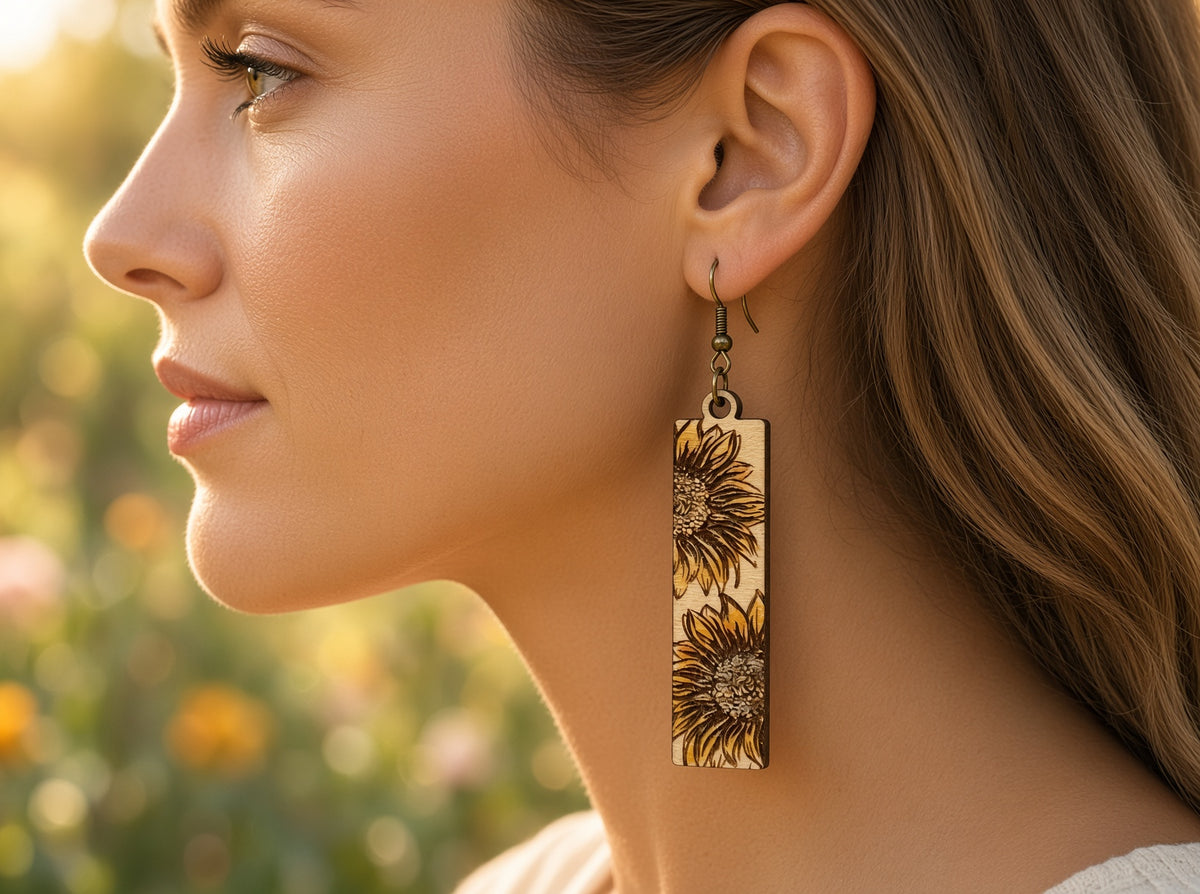 Seaside Blooms sunflower bar dangle jewelry featuring yellow sunflower designs on silver hooks, stylish and vibrant.