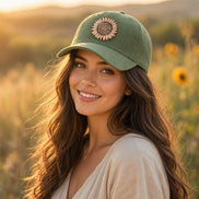 Corduroy cap with sunflower leather patch, trendy accessory featuring a stylish design and adjustable fit.