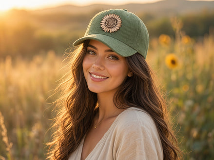 Corduroy cap with sunflower leather patch, trendy accessory featuring a stylish design and adjustable fit.