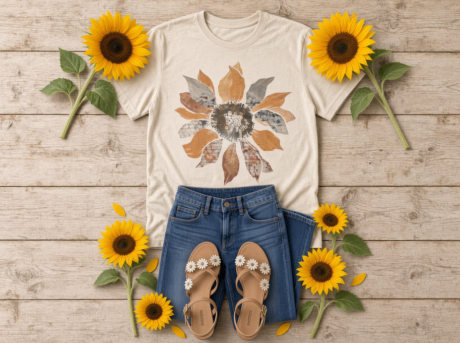 Gray grunge sunflower graphic tee by Par.tees by Party On! featuring a casual, stylish sunflower print top for everyday wear.