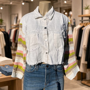 Bellissima Fashion denim patchwork jacket outerwear with mixed fabric patches, casual style, and button front.