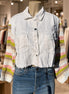 Bellissima Fashion denim patchwork jacket outerwear with mixed fabric patches, casual style, and button front.