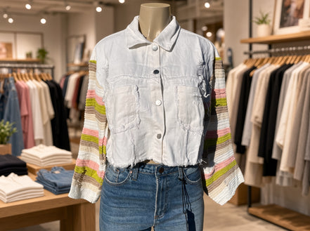 Bellissima Fashion denim patchwork jacket outerwear with mixed fabric patches, casual style, and button front.