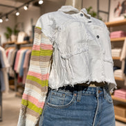 Bellissima Fashion denim patchwork jacket, stylish outerwear with mixed fabric patches and classic denim design.