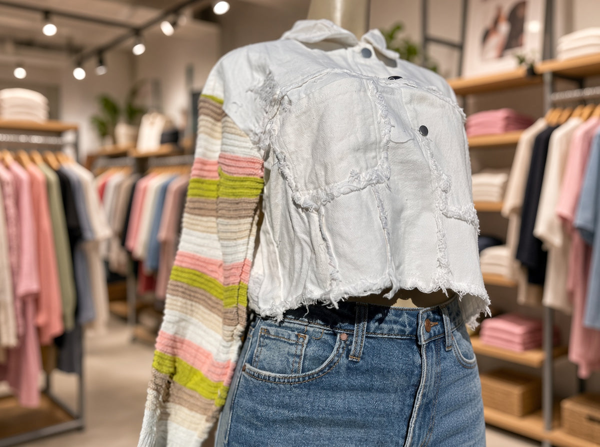 Bellissima Fashion denim patchwork jacket, stylish outerwear with mixed fabric patches and classic denim design.