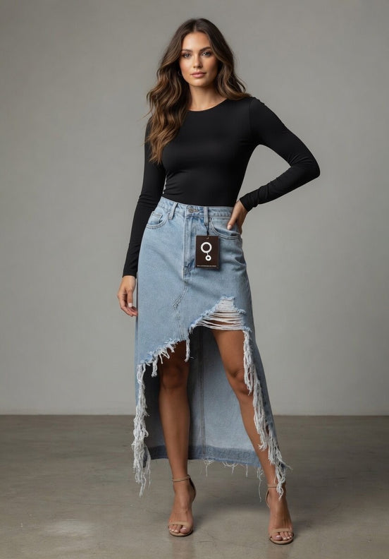 Distressed denim maxi skirt by Insane Gene USA featuring a high-waisted design and frayed hem, displayed on a hanger.