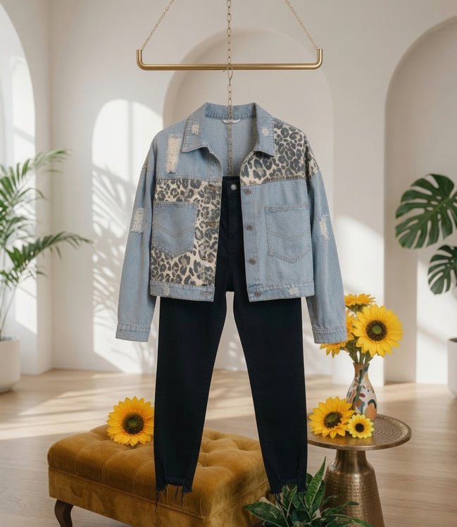Denim Leopard Contrast Jacket