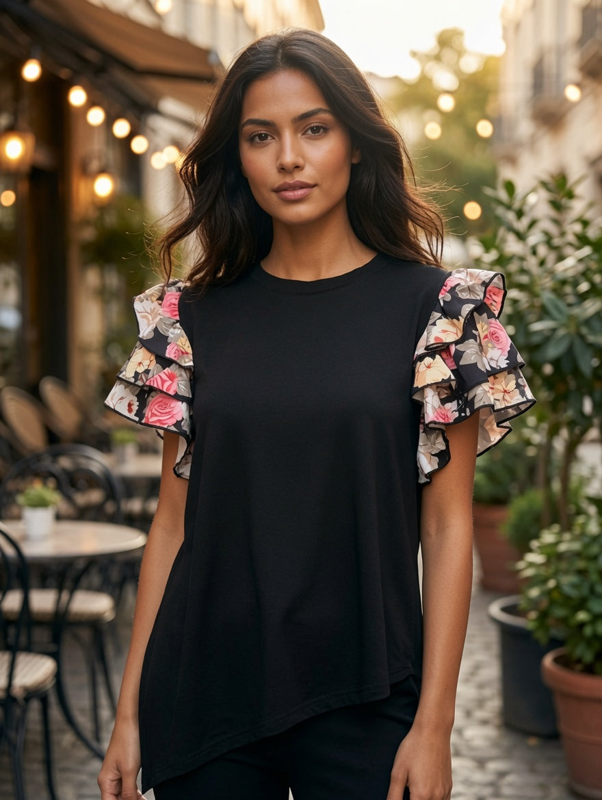 Floral Print Layered Sleeve Tee