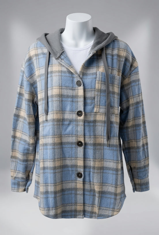 Plaid Button Down Shacket Hoodie