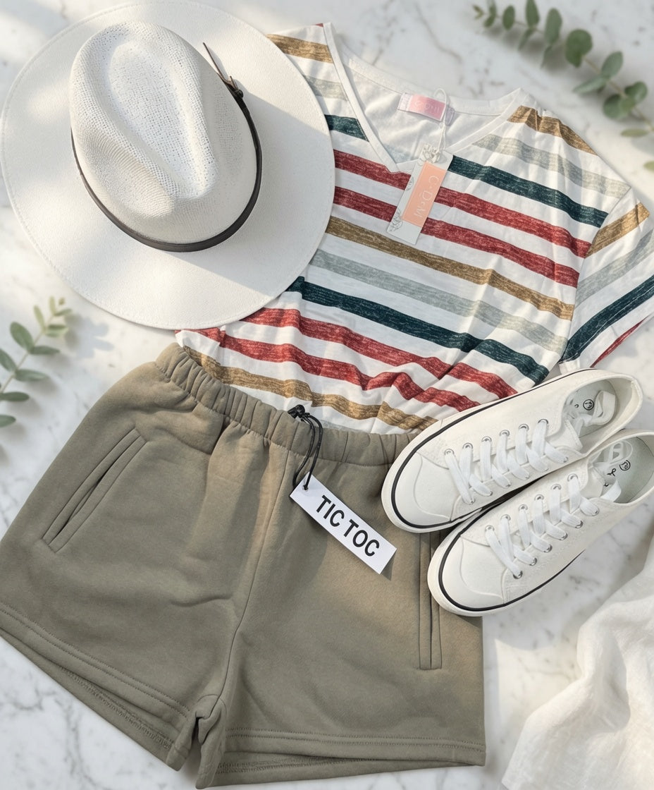 Bayliss sweat shorts laid flat showing soft fabric, elastic waistband, and casual fit perfect for comfortable everyday wear.