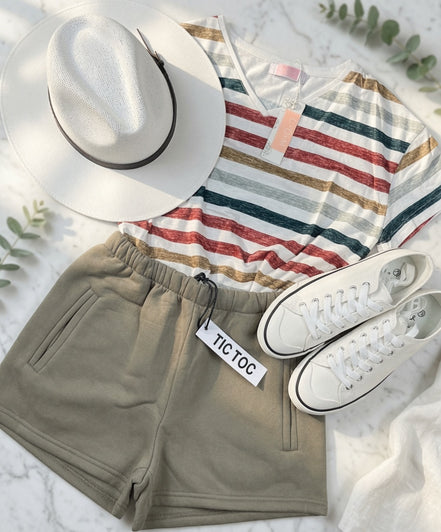 Bayliss sweat shorts laid flat showing soft fabric, elastic waistband, and casual fit perfect for comfortable everyday wear.