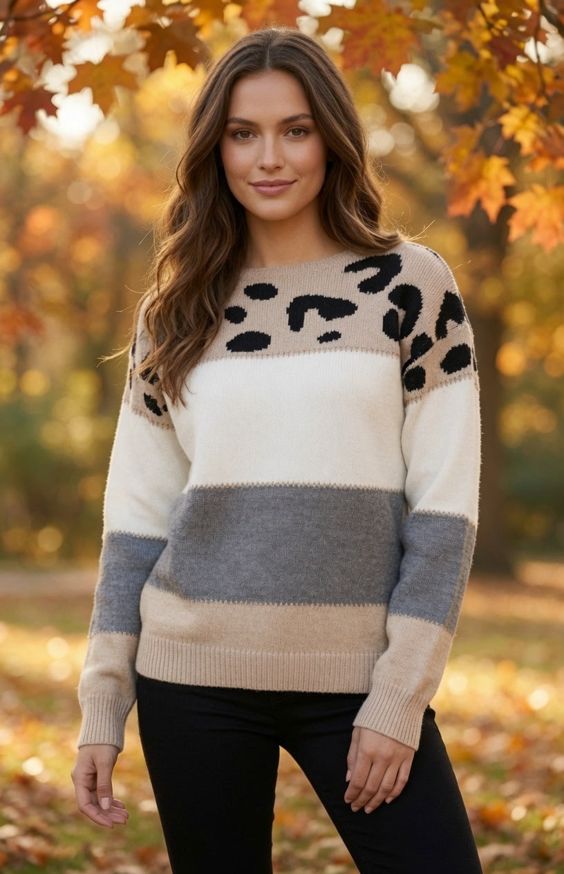 Leopard contrast color block Mazik sweater featuring mixed animal print and bold pattern in a cozy knit design.