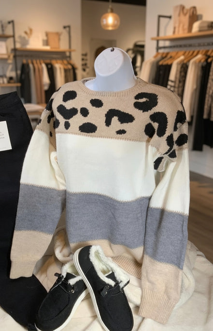 Mazik leopard contrast color block sweater showing a stylish knit with bold animal print and color blocking details.