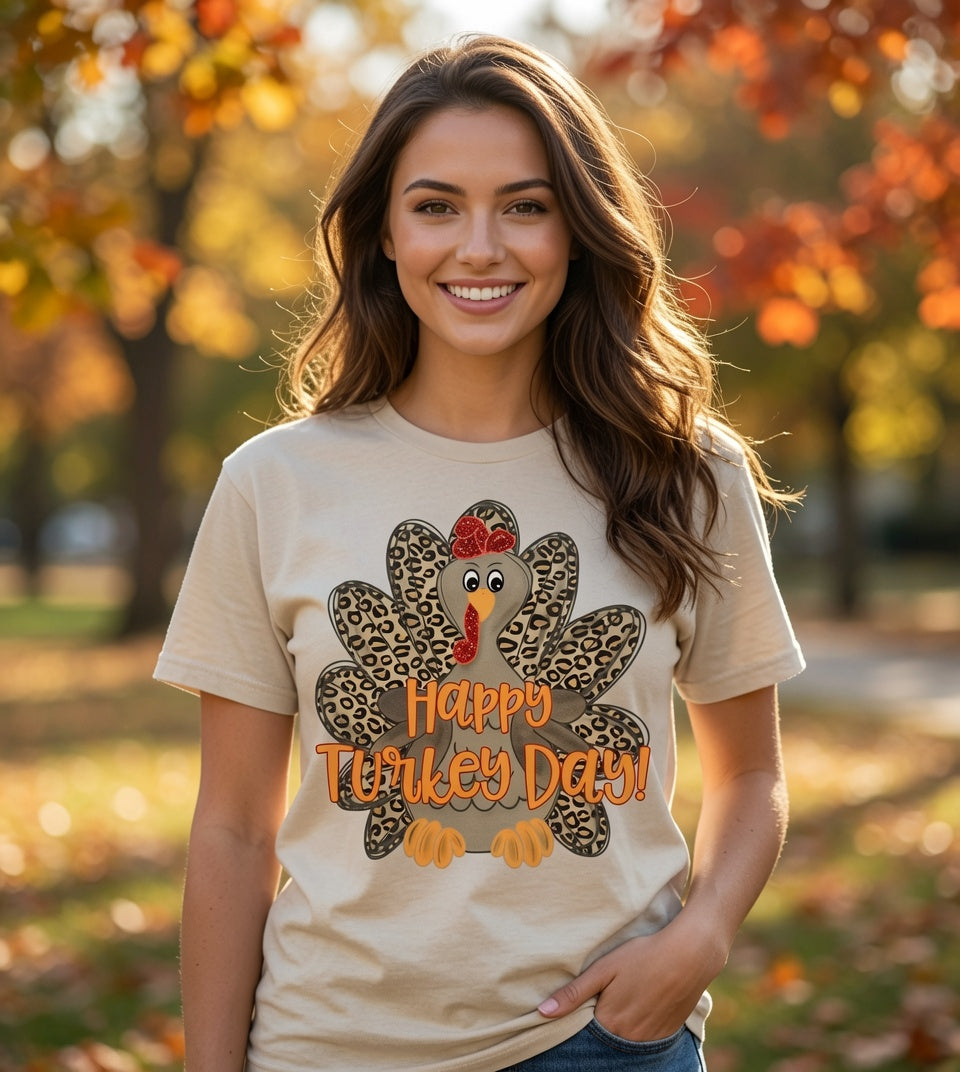 StricklandDesignCo Happy Turkey Day tee top featuring festive fall and Thanksgiving-themed design on soft fabric.