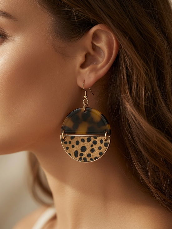 Tortoise and cheetah print dangle earrings by Avenue Zoe with gold hooks, featuring animal print design for stylish accessories