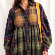 Mixed checkered woven babydoll top by Fantastic Fawn featuring a loose fit and stylish design, displayed on a hanger.