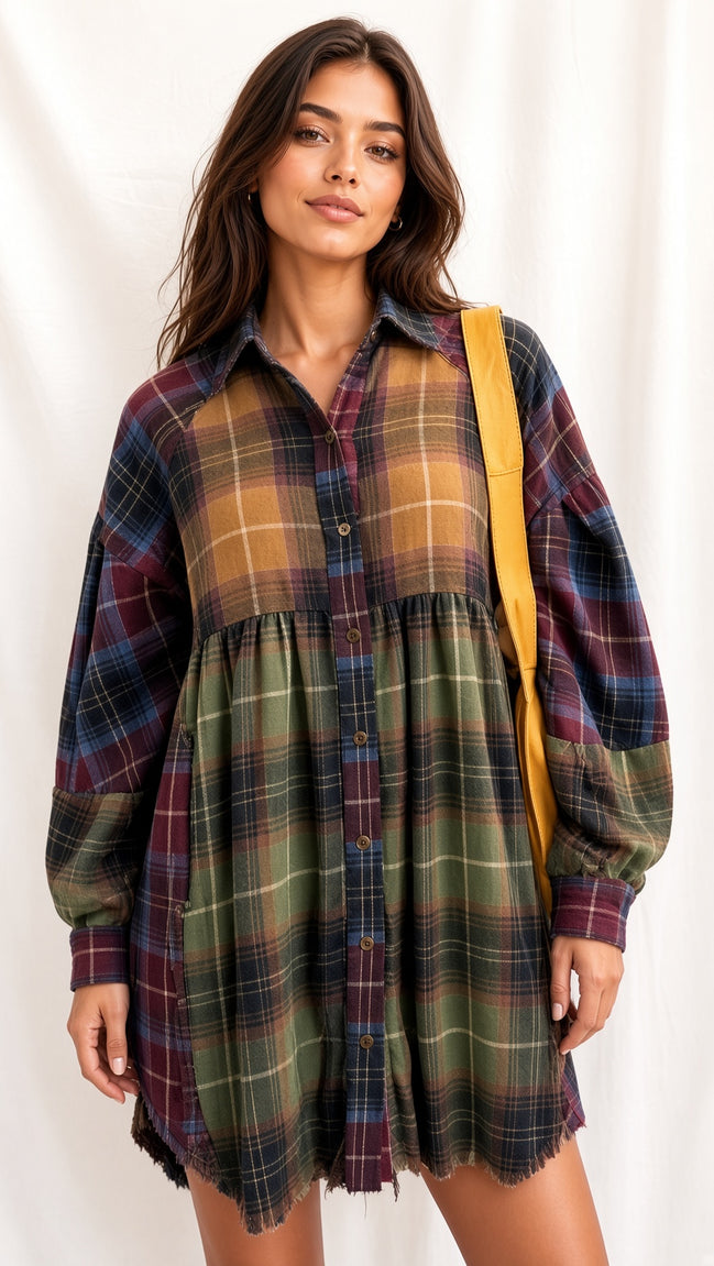 Mixed checkered woven babydoll top by Fantastic Fawn featuring a loose fit and stylish design, displayed on a hanger.