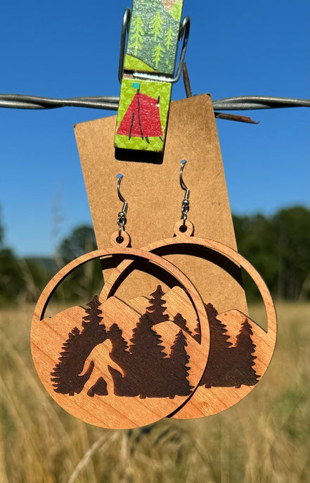Handcrafted wooden Bigfoot earrings by Krafty Supply featuring detailed Bigfoot silhouette design.