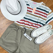 Bayliss brand. Casual muted gray (actual color in outfit photo) high, elastic waist with side pockets. S, M, L. $17