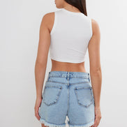 VAV NEW YORK women's cropped cotton crew neck tank top, basic sleeveless top, white fabric, casual summer style.