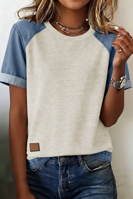 Denim Colorblock Patchwork Round Neck S/S 26 Tee | S-XL - OG Gilmore Girl 