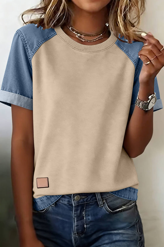 Denim Colorblock Patchwork Round Neck S/S 26 Tee | S-XL - OG Gilmore Girl 