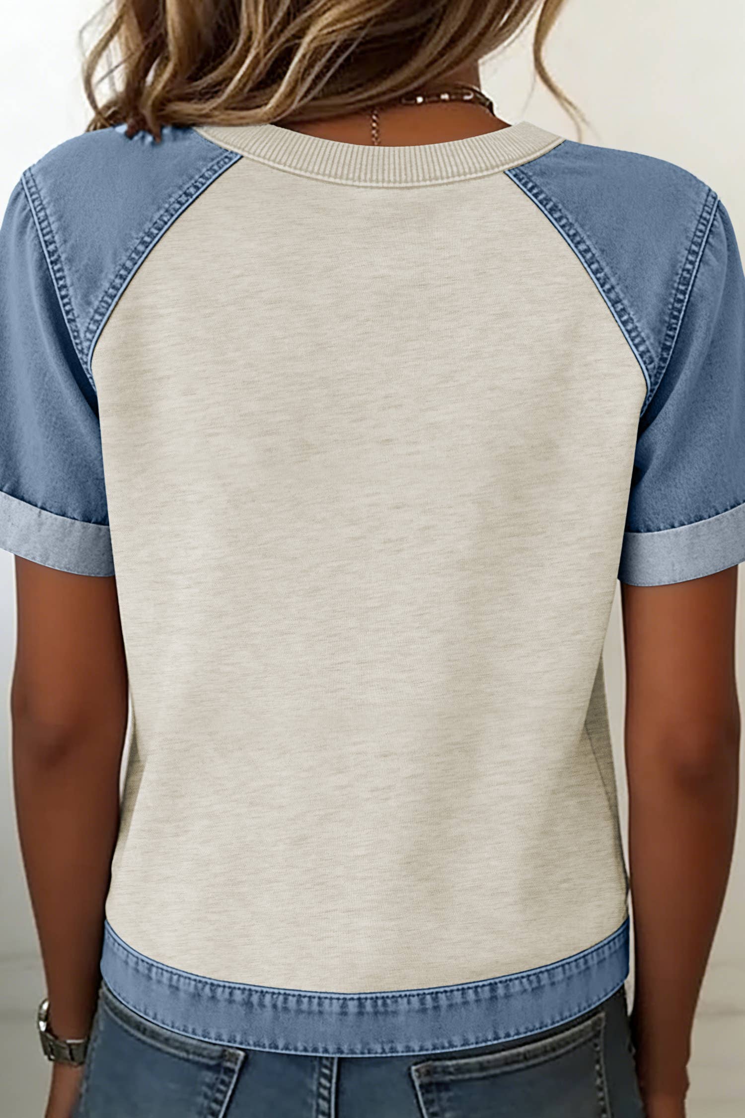 Denim Colorblock Patchwork Round Neck S/S 26 Tee | S-XL - OG Gilmore Girl 