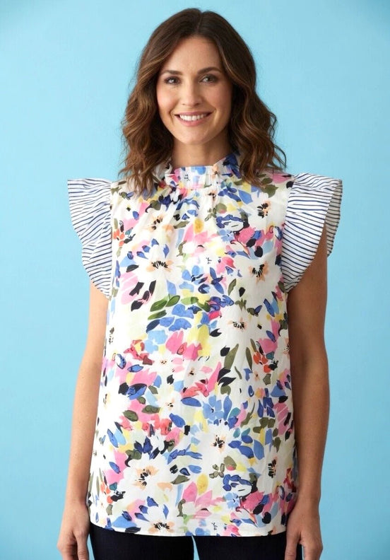 Aapparella floral print striped blouse with ruffled sleeves, lightweight fabric, and a relaxed fit for a stylish casual look.
