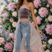 Adora La ruffle detail mesh cover-up dress featuring sheer fabric and delicate ruffle accents, perfect for stylish beachwear.