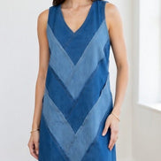 ADORA LA color block denim dress featuring vibrant panels and a casual, stylish fit, perfect for everyday wear.