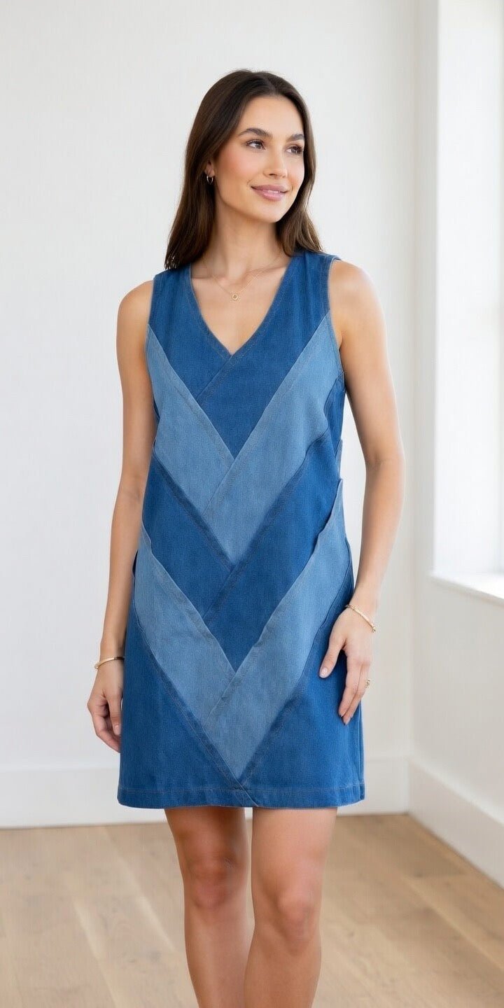 ADORA LA color block denim dress featuring vibrant panels and a casual, stylish fit, perfect for everyday wear.