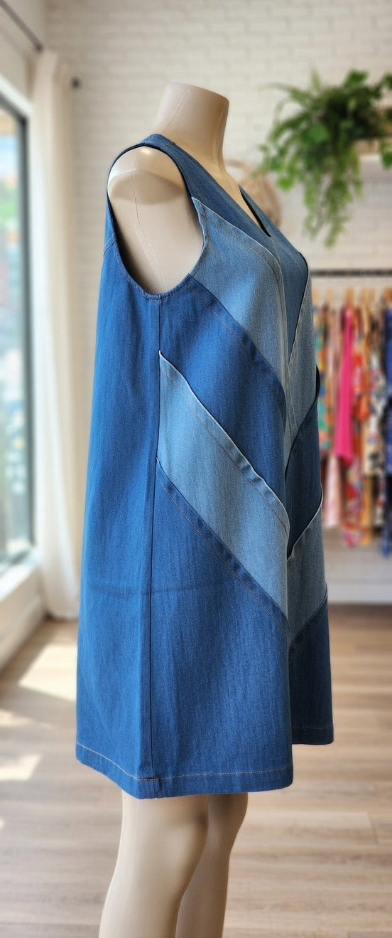 ADORA LA color block denim dress featuring a stylish patchwork design and classic fit, perfect for casual and trendy outfits.