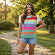 Multicolored crochet top with eyelet sleeves by ADORA LA, showcasing intricate knit pattern and vibrant multicolor design.