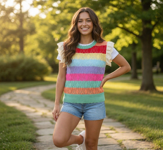 Multicolored crochet top with eyelet sleeves by ADORA LA, showcasing intricate knit pattern and vibrant multicolor design.