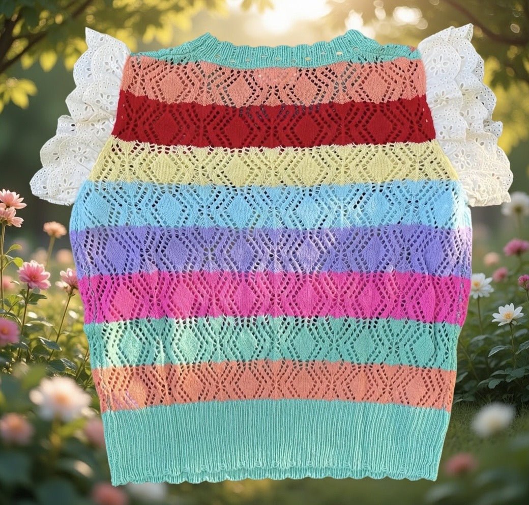 Multi-colored crochet top with eyelet sleeves by ADORA LA, featuring a stylish and vibrant design.