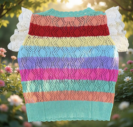 Multi-colored crochet top with eyelet sleeves by ADORA LA, featuring a stylish and vibrant design.