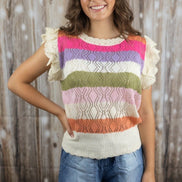 Multicolor crochet top with eyelet sleeve detail by ADORA LA, featuring a stylish and vibrant design.