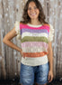 Multicolor crochet top with eyelet sleeve detail by ADORA LA, featuring a stylish and vibrant design.