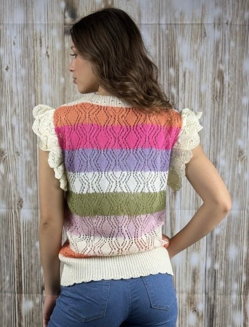 Multicolor crochet top with eyelet sleeves by ADORA LA, featuring a trendy, lightweight knit design.