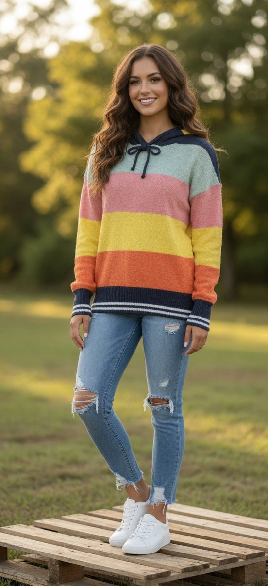 Multi-color hoodie sweater by ADORA LA featuring a cozy, vibrant design with a front pocket and adjustable drawstrings.