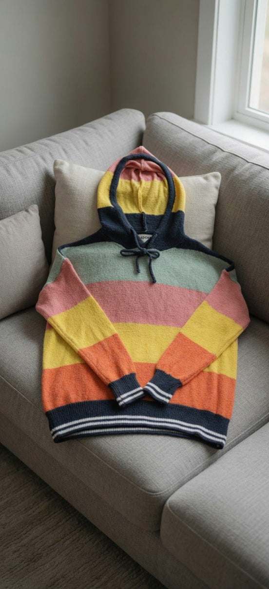 Multicolor hoodie sweater by ADORA LA featuring a cozy fit and vibrant color block design.