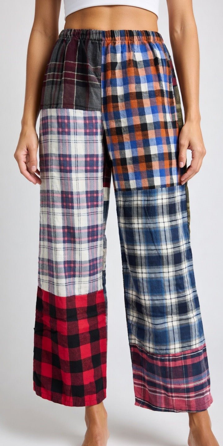 American Recycled Clothing men's flannel pants in size small, soft plaid fabric with a relaxed fit and elastic waistband.