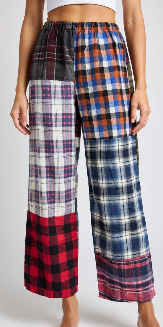 American Recycled Clothing men's flannel pants in size small, soft plaid fabric with a relaxed fit and elastic waistband.
