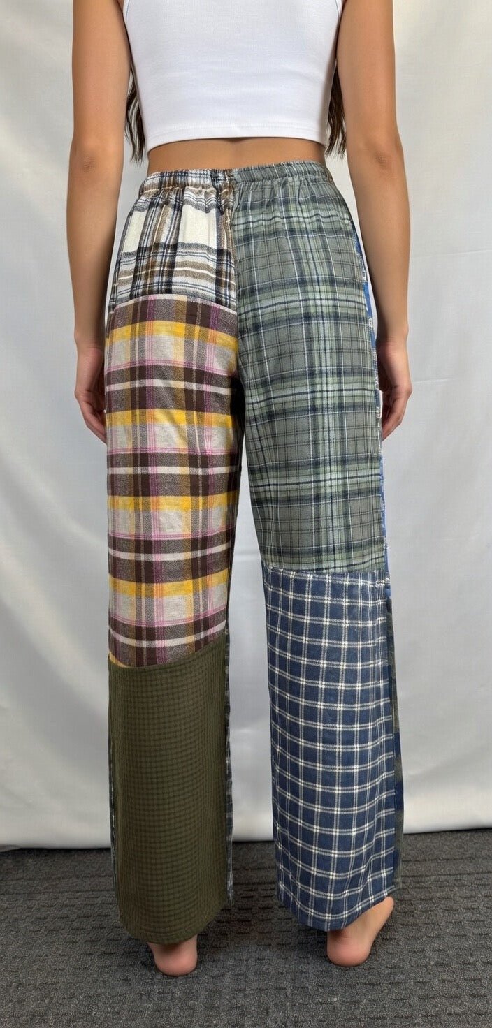 American Recycled Clothing men's flannel pants in size S, soft plaid fabric, casual fit, cozy and eco-friendly for everyday wear.
