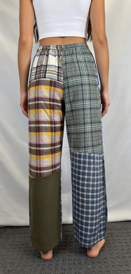 American Recycled Clothing men's flannel pants in size S, soft plaid fabric, casual fit, cozy and eco-friendly for everyday wear.