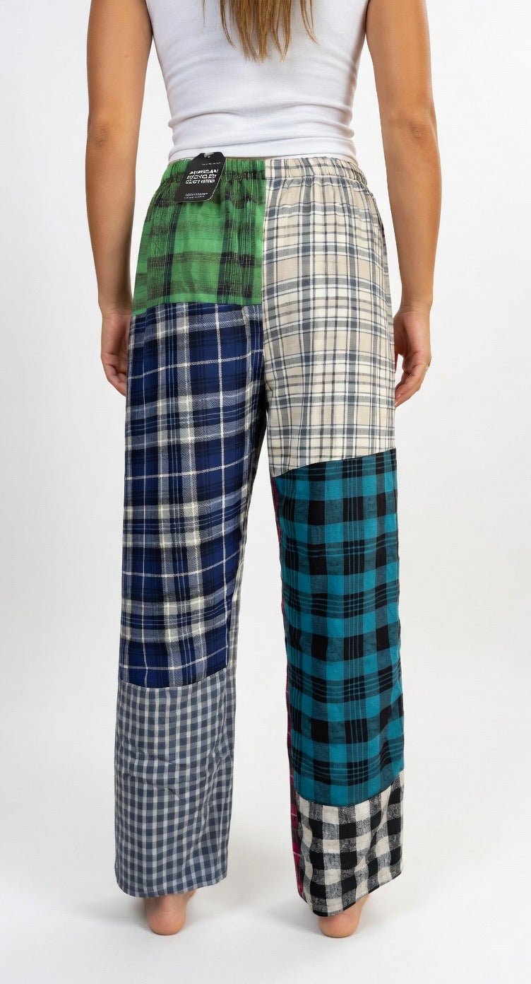 American Recycled Clothing men's flannel pants in size S, soft plaid fabric with a relaxed fit and elastic waistband.