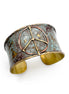 Brass patina cuff bracelet featuring a rustic blue peace sign design from Anju Jewelry, stylish boho accessory.